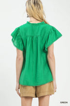 Umgee Flutter Sleeve Relaxed Top with Trim Detail