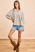 BiBi Polka Dot Corduroy Quarter Sleeves V Neck Blouse