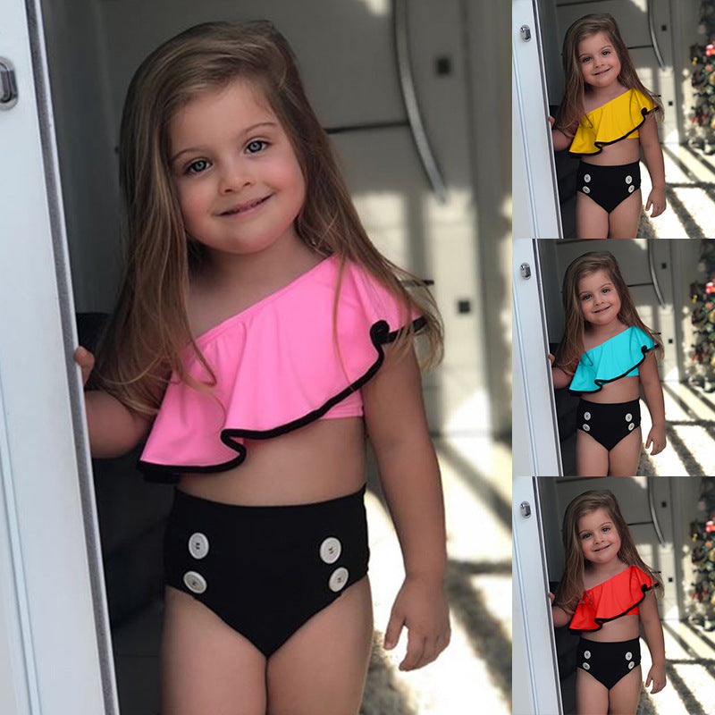 Girls Summer Split Slanted Shoulder Ruffled Candy Color Swimsuit