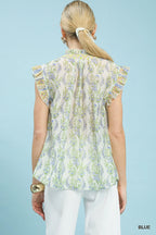 Umgee Floral Print Flutter Sleeve Split Neck Top