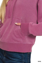 Zenana Fleece Pigment Dye Half Zip Kangaroo Pocket Hoodie