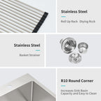 Modern Brushed Nickel 30 x 22 Inch Kitchen Sink Drop-In 16 Gauge Stainless Steel Single Bowl Topmount Basin