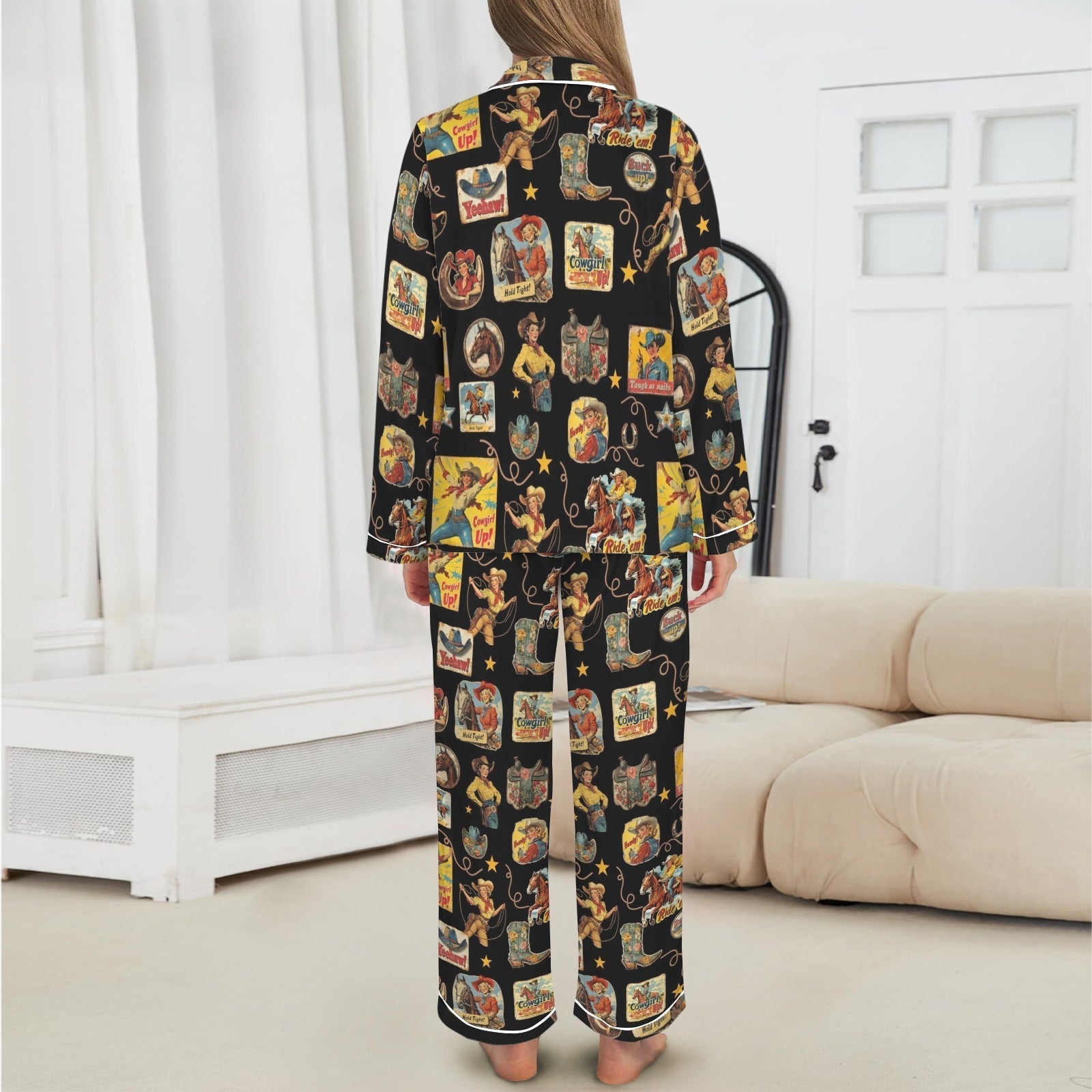 Baha Ranch Vintage Cowgirl Collage Western Satin Pajamas Baha Ranch Western Wear