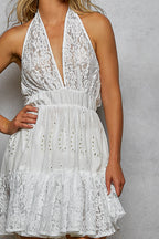 POL Halter Lace Patch Ruffle Mini Dress with Adjustable Tie on Back