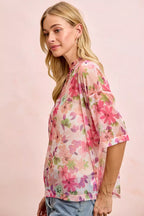BiBi Floral Print Short Sleeves Boxy Mesh Top