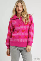 Umgee Floral Patterned Jacquard Quarter-Zip Pullover Sweater