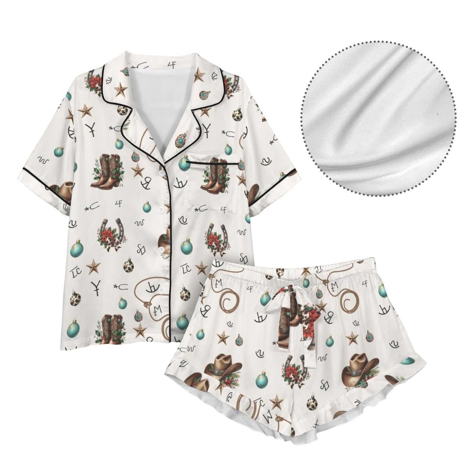 Baha Ranch Boots and Brands Western Cowgirl Cowboy Satin Short Pajama Sets Baha Ranch Western Wear
