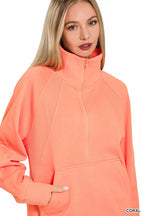 Zenana Half Zip Fleece Sweatshirt with kangaroo Pocket