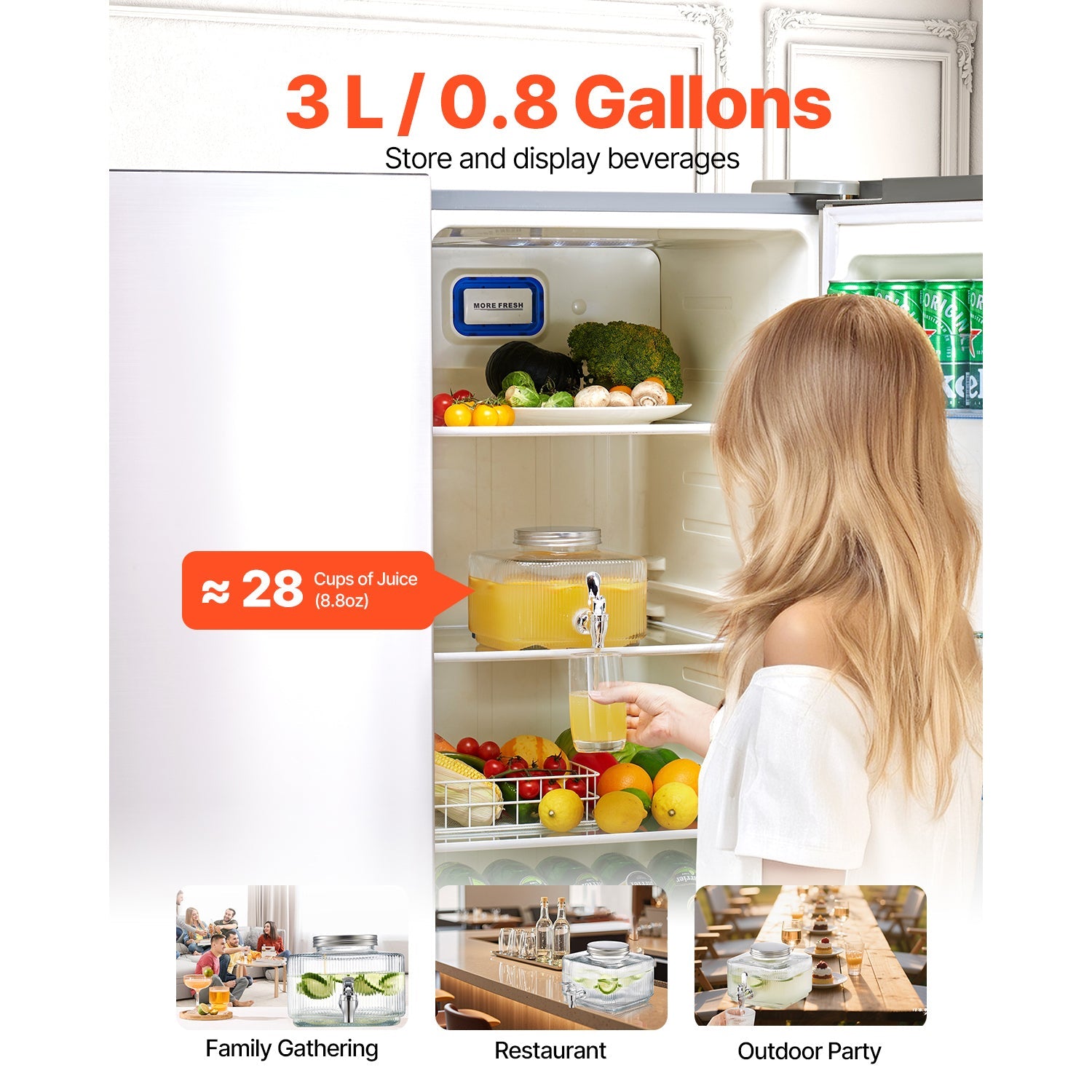 Drink Dispenser 0.8 Gal Beverage Dispenser for Parties Glass with Spigot