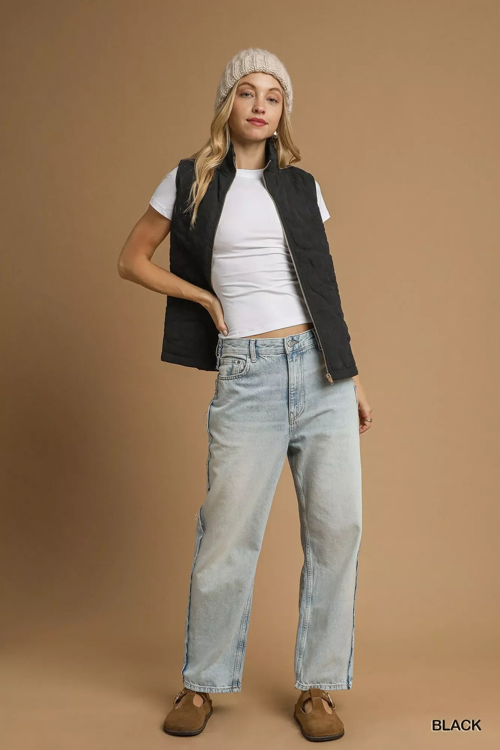Umgee Quilted Floral Zip Up Vest with Pockets