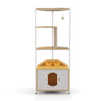 Modern Corner Cat Tower with Scratching Post, Cat Condo and Feeding Station, White and Light Oak Particle Board, 58.27-inch Height