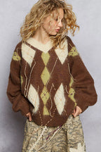 POL V-Neck Argyle Pattern Mohair Sweater with Contrast Exposed Stitch Detail