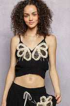 POL Embroidered Fringe V-Neck Cropped Cami