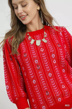 Umgee Jacquard Knit Puff Sleeve Sweater