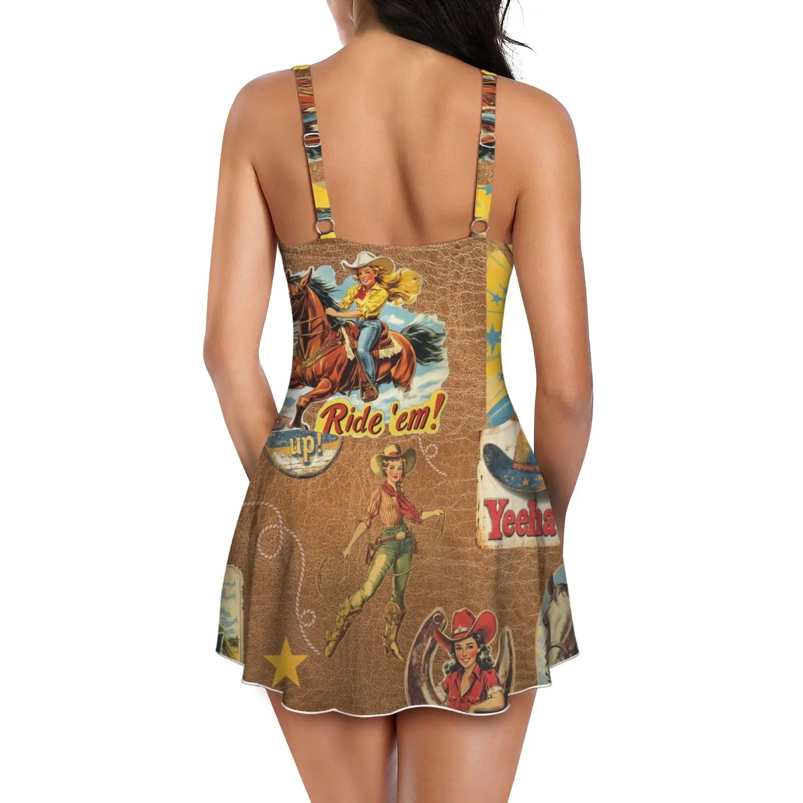 Baha Ranch Vintage Cowgirl Collage Skirted Swim Suit Baha Ranch Western Wear