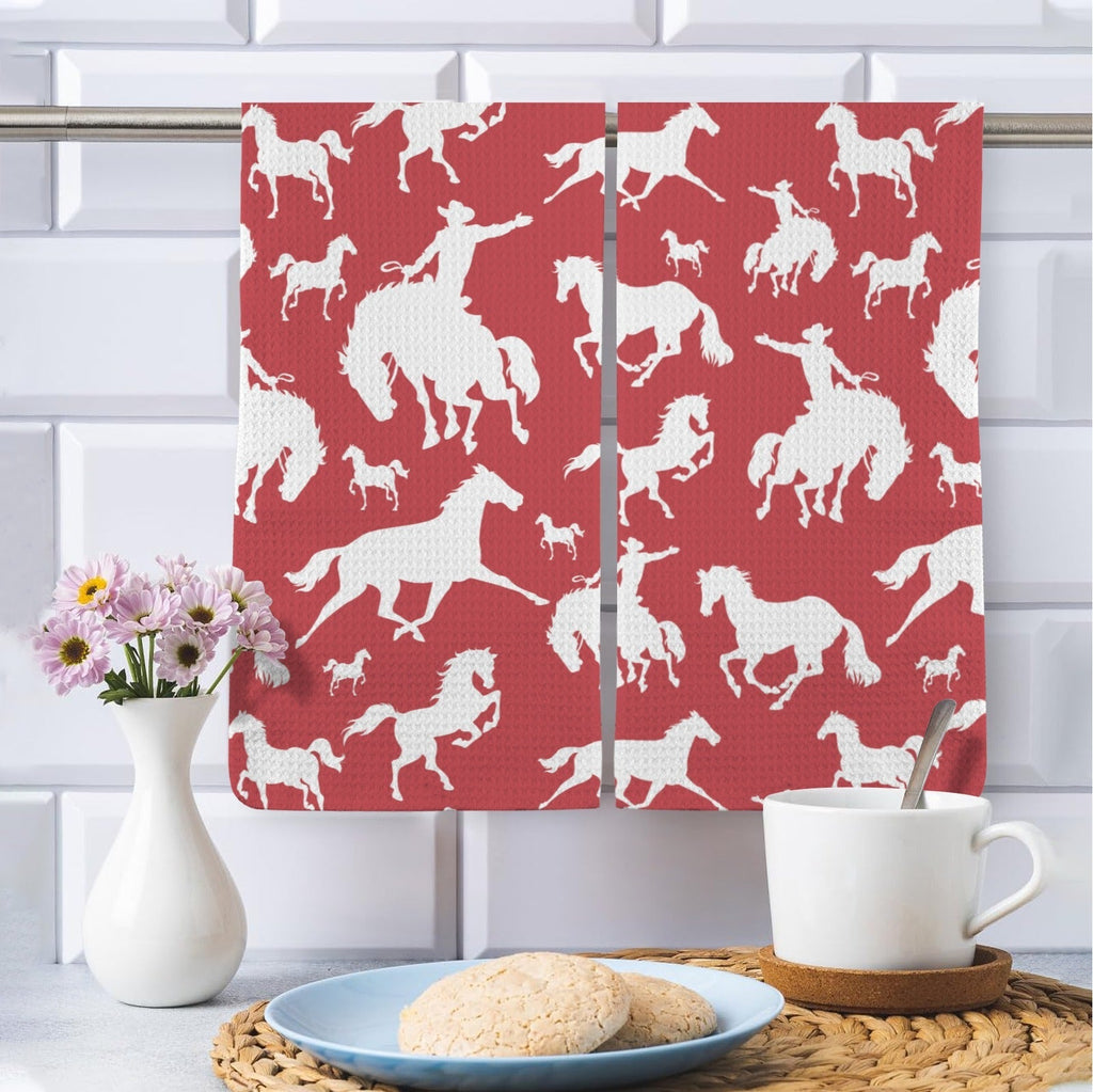 Red Rodeo Cowboy Set of 2 Dish Towels Made in America Baha Ranch Western Wear