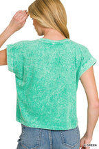 Zenana Halo Snow Washed Cotton Cuffed Short Sleeve Top