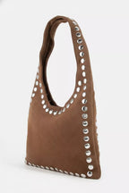 Fame Grommet Border Studded Suede Shoulder Bag