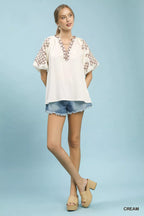 Umgee Embroidered Sleeve Contrast Trim Top