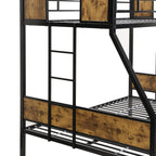 Modern Twin Over Full Metal Bunk Bed with 2-Side Ladder, Full-Length Guardrail, No Box Spring Needed, Black & Brown