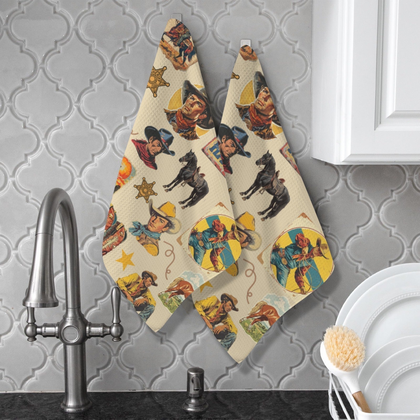 Vintage Cowboy Collage Set of 2 Dish Towels Made in America Baha Ranch Western Wear