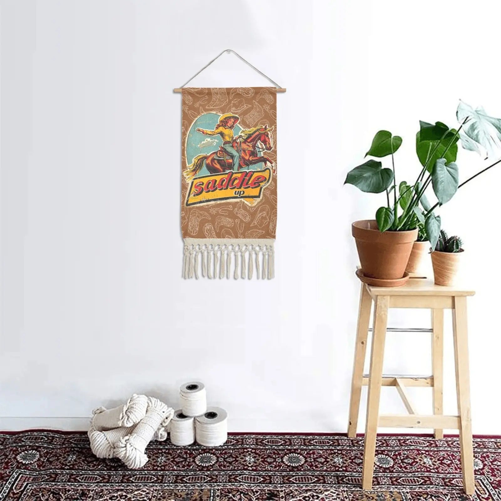 Saddle Up Western Wall Decor Linen Hanging Poster with Fringe Made in America Baha Ranch Western Wear