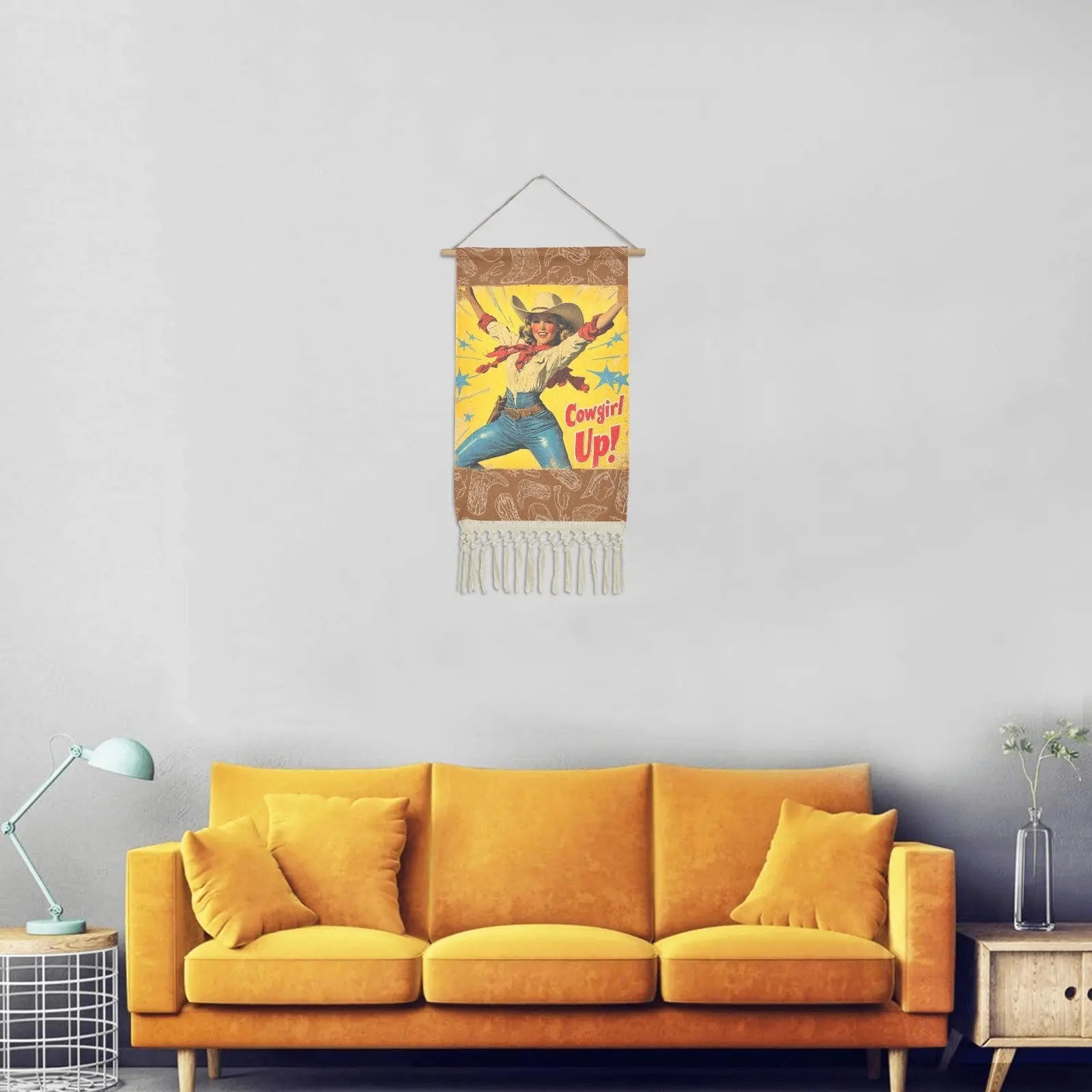 Cowgirl Up Vintage Western Wall Decor Linen Hanging Poster with Fringe Made in America Baha Ranch Western Wear