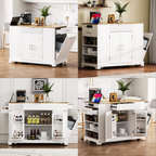 K&K Fluted Kitchen Island with Trash Can Storage Cabinet, Power Outlet, Internal Storage Rack, Rolling Kitchen Islands on 5 Wheels with 3 Drawer, 3 Open Side Racks for 10 Gallon Garbage Bin, White