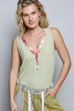 POL Ribbed V-Neck Tank with Contrast Floral Neckband
