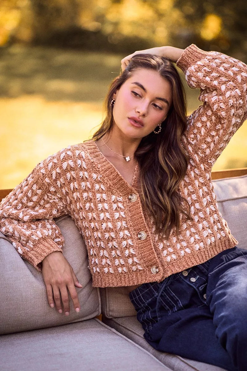 SO ME Soft Chenille Yarn Textur Button Sweater Cardigan