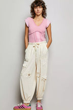 POL V-Neck Lightweight Textured Short Sleeve Knit Top with Lace Trim