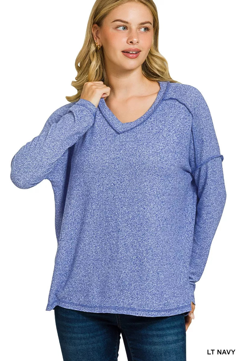 Zenana Soft Melange Hacci Exposed Seam Hi-low Tee