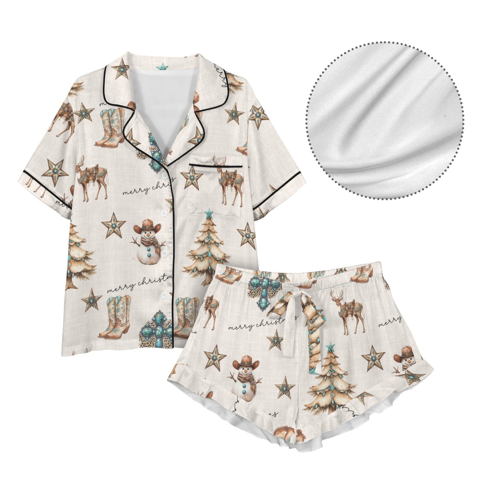 Baha Ranch Christmas Spirit Cowgirl Western Cowboy Satin Short Pajama Sets Baha Ranch Western Wear
