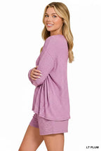 Zenana Soft Melange Long Sleeve Tee and Shorts Set