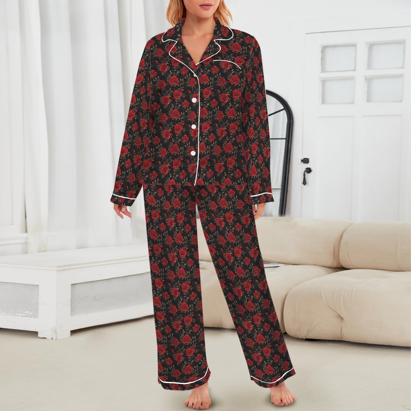 Baha Ranch Colores De Mexico Red Roses Satin Pajama Set Baha Ranch Western Wear