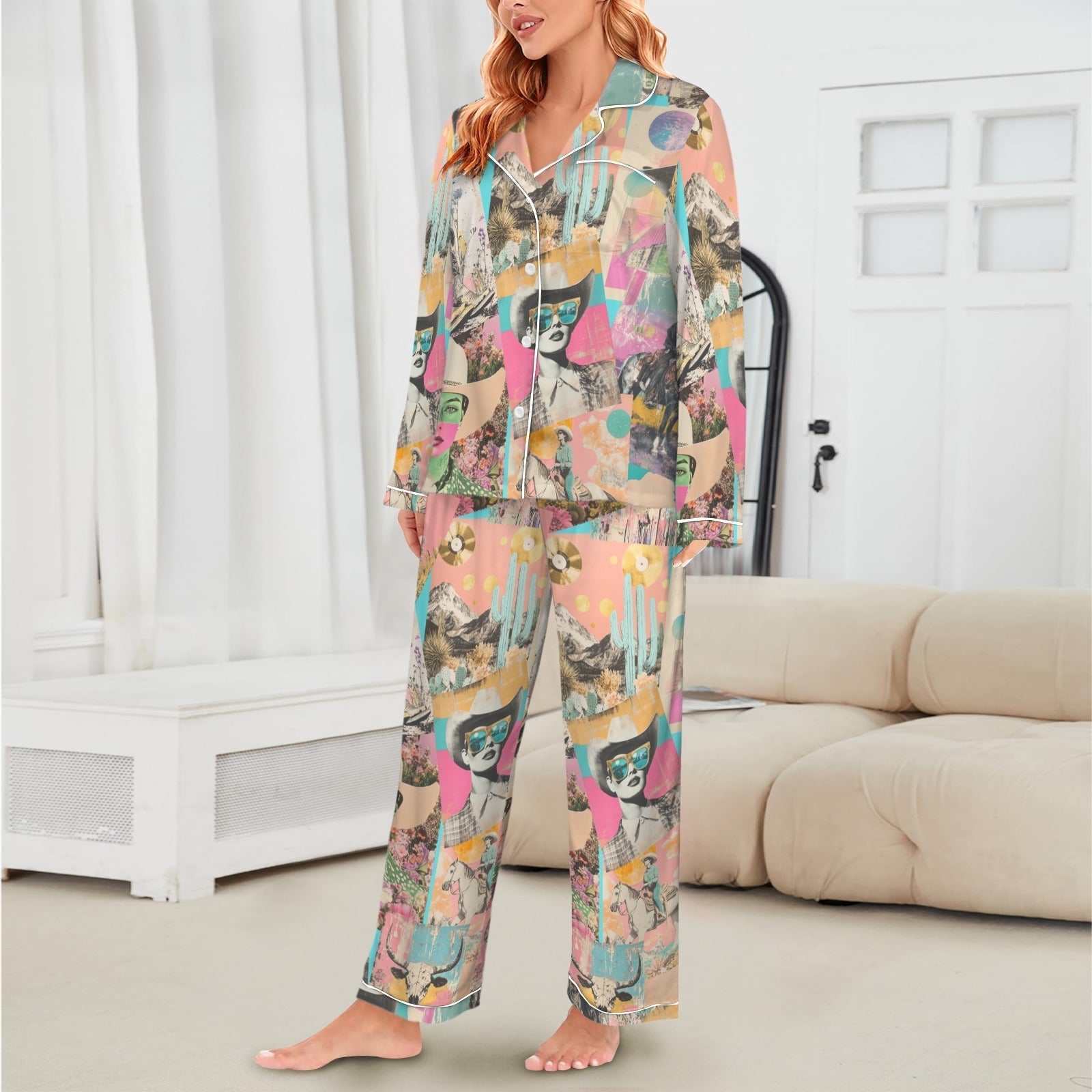Baha Ranch Pop Western Collage Cowgirl Satin Pajamas Baha Ranch Western Wear