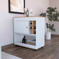 Texas Bar Cart, One Cabinet, Six Bottle Cubbies, One Lower Panel, Four Casters