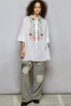 POL Floral Embroidered Half Sleeve Cotton Shirt