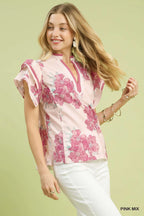 Umgee Mix Floral Ruffle Sleeve Blouse