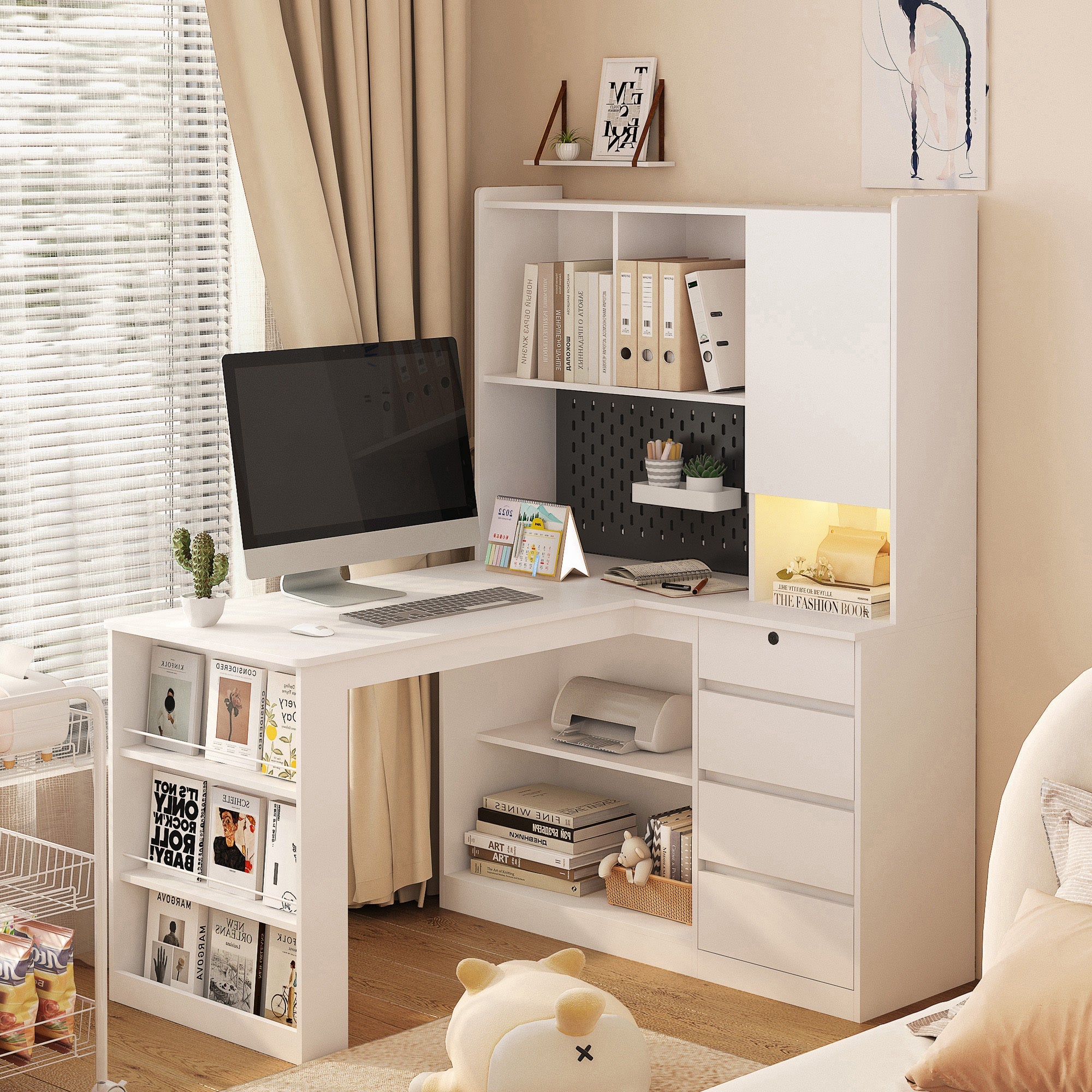 L Shaped Desk with Charger,Computer Desk with Drawers,Bookshelf, with LED Light,Modern Corner Desk,Home Office Desk,L-Shaped Study Table Writing Desk,Corner Gaming Computer Desk with Storage