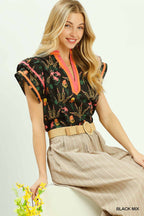Umgee Mix Floral Print Blouse with Contrast Trim