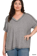 Zenana Full Size Soft Melange Hacci V-Neck Short Sleeve Hi-low Tee Plus Size
