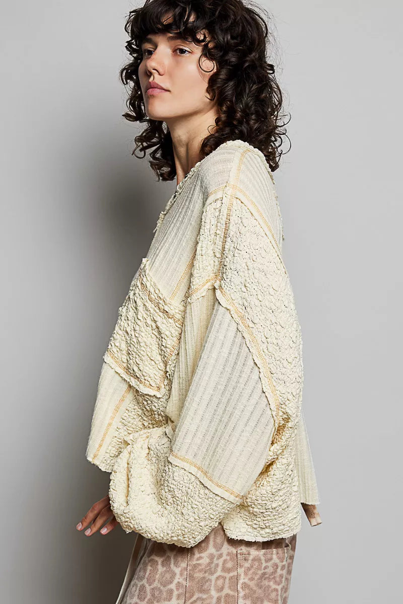 POL V-Neck Long Sleeve Top with Stitch Detail