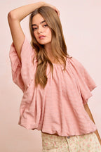 BiBi Stripes Textured Shirred Neckline Bubble Hem Top