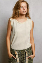 POL Ribbed Round Neck Tank with Lace Trim