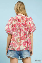 Umgee Mix Paisley Print Peasant Top with Tie Neck