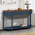 Retro Curved Wood Console Table, 52 inch Circular Half Moon Sofa Table with Open Shelf and 2 Drawers, Solid Wood Entry Table for Living Room, Hallway, Navy Blue + Brown Top