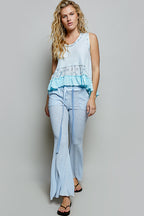 POL Floral Print Patche Round Neck Ribbed Tank with Double Gauze Ruffle Accents