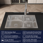 Stainless Steel Kitchen Sink, 32″x19″ Double Bowl in Brushed Nickel, Overmount Handmade Sink, with US Standard Drain and Hook, LS-SSBR03
