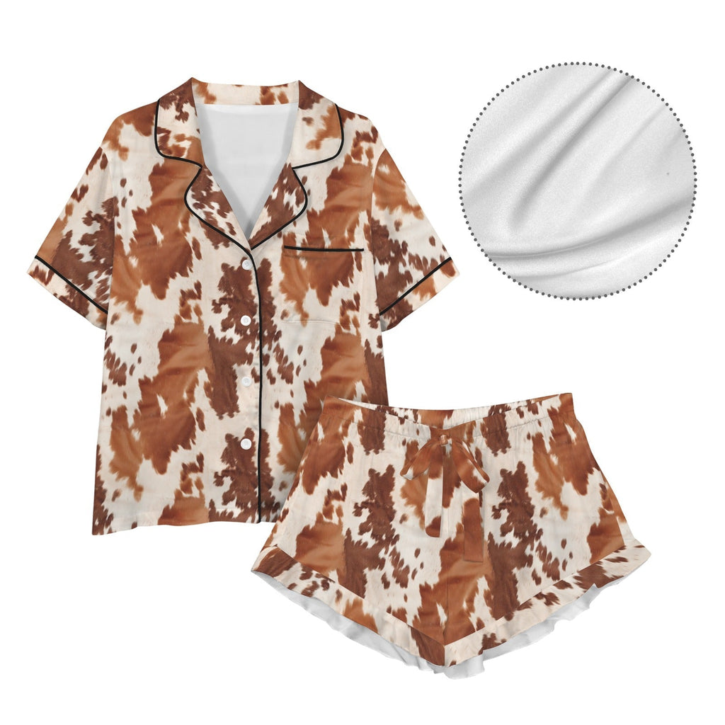Baha Ranch Cow Hide Print Western Cowgirl Satin Pajama Set Baha Ranch Western Wear